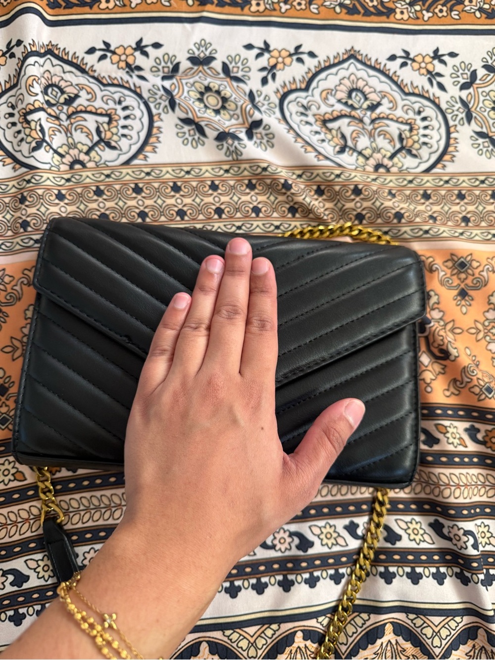 Black Quilted Chevron Crossbody Bag with Gold Chain